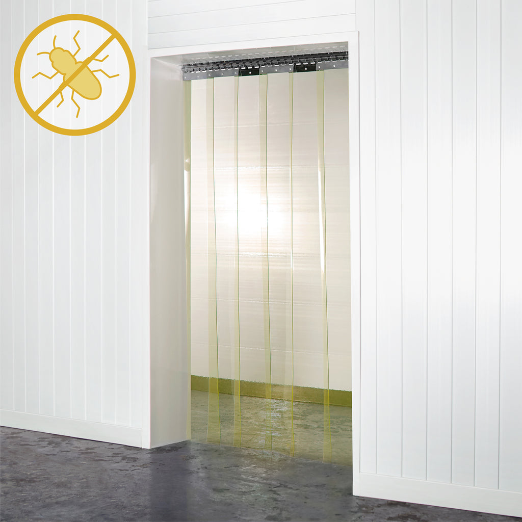 Image displaying Anti-Insect PVC Strip Curtains, 200mm wide and 2mm thick, designed to repel pests while allowing light and air to pass, suitable for food industry and outdoor spaces.
