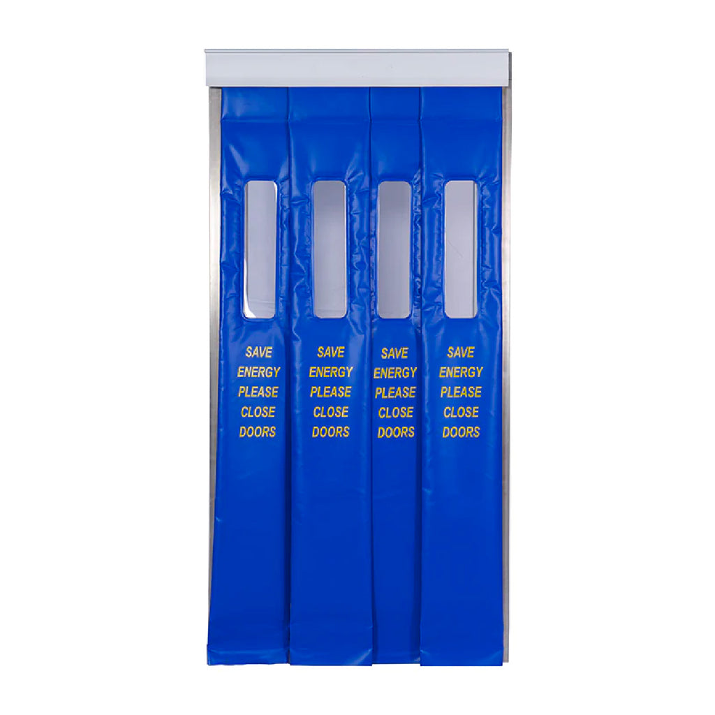 Pedestrian-sized Cold Stop® Insulated Curtain installed at a commercial freezer entrance, showing clear window panels for visibility and thick insulation for energy efficiency