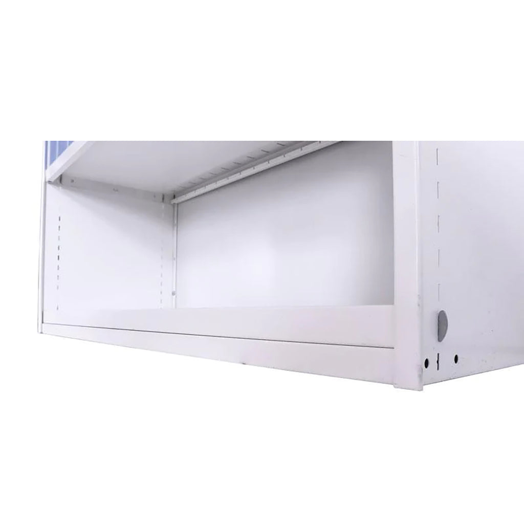 Delta Plus Shelving Back Cladding in white, installed on a shelving unit to enhance stability and keep items securely in place.
