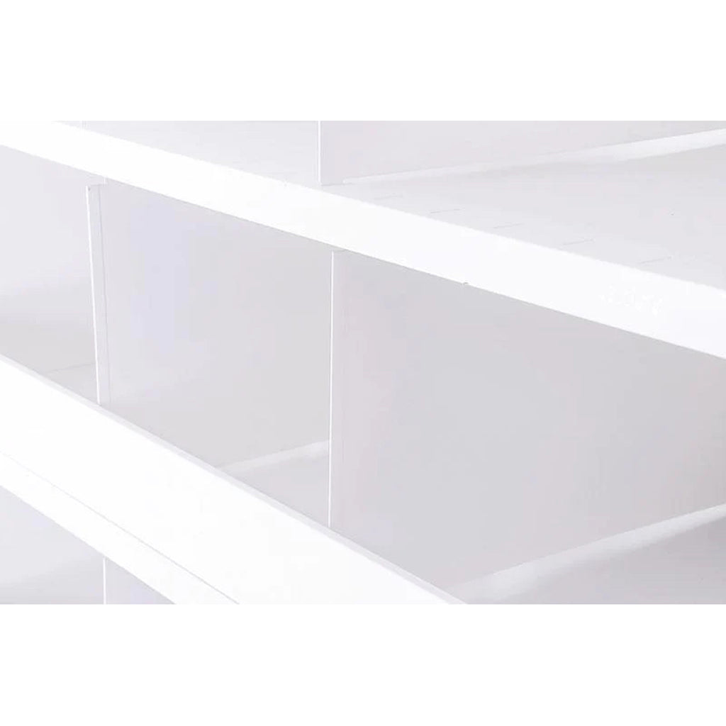 Delta Plus Shelving Bin Front in white, attached to a shelving unit, preventing items from falling and ensuring organized storage