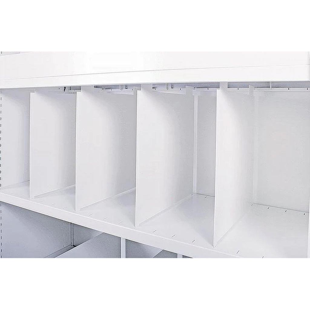 Delta Plus Shelving Fixed Height Dividers in white, installed on a shelving unit, creating organized and neatly arranged sections for storage