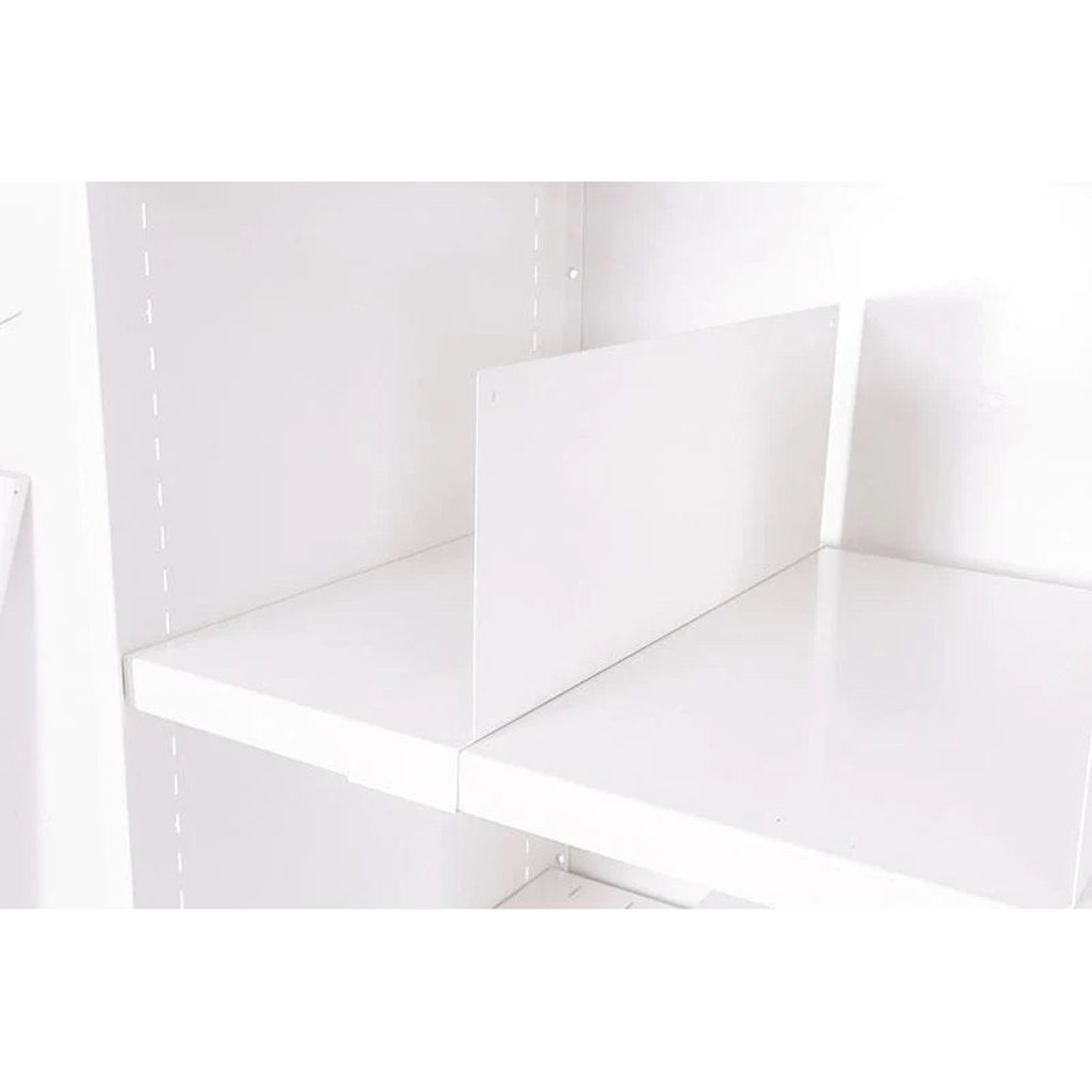 Delta Plus Shelving Freestanding Dividers in white, used to separate sections of shelving for organized and efficient storage