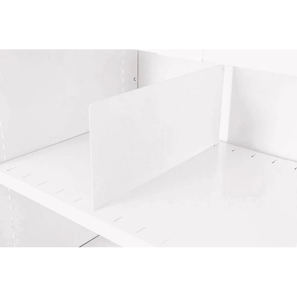 Delta Plus Shelving Slot-In Dividers in white, installed on a shelving unit, creating organized sections for efficient storage