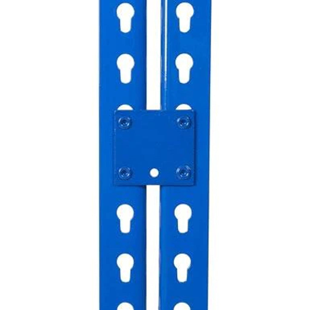 Rivet Shelving Tie Plate in blue, used for linking and stabilizing rivet shelving units