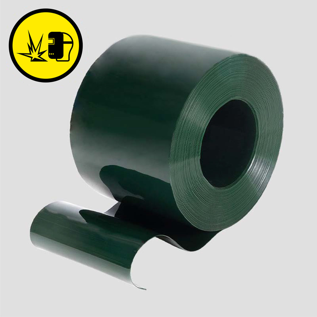 Green Thick and durable Screenflex Welding Grade PVC Bulk Roll, 300mm wide and 3mm thick, ideal for constructing custom welding curtains in industrial settings.