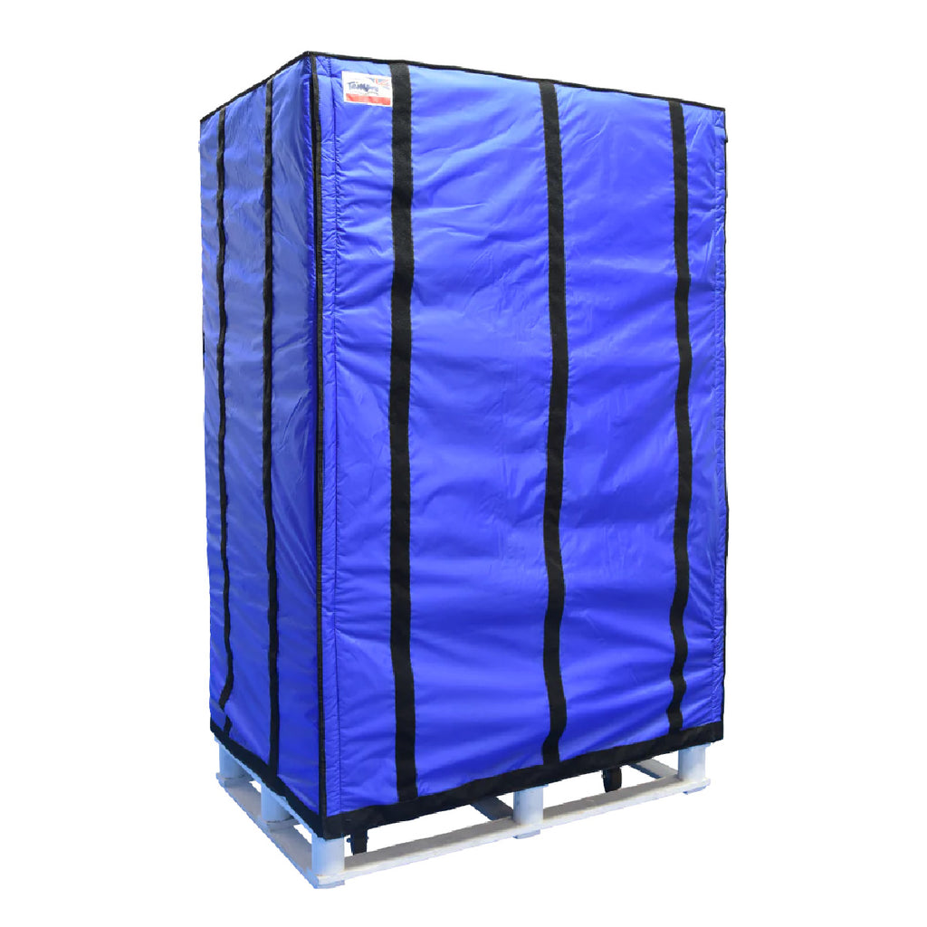Adjustable Tempro® Pallet Cover tightly wrapped around a commercial shipping pallet, featuring thermal insulation and adjustable straps for secure fitting.