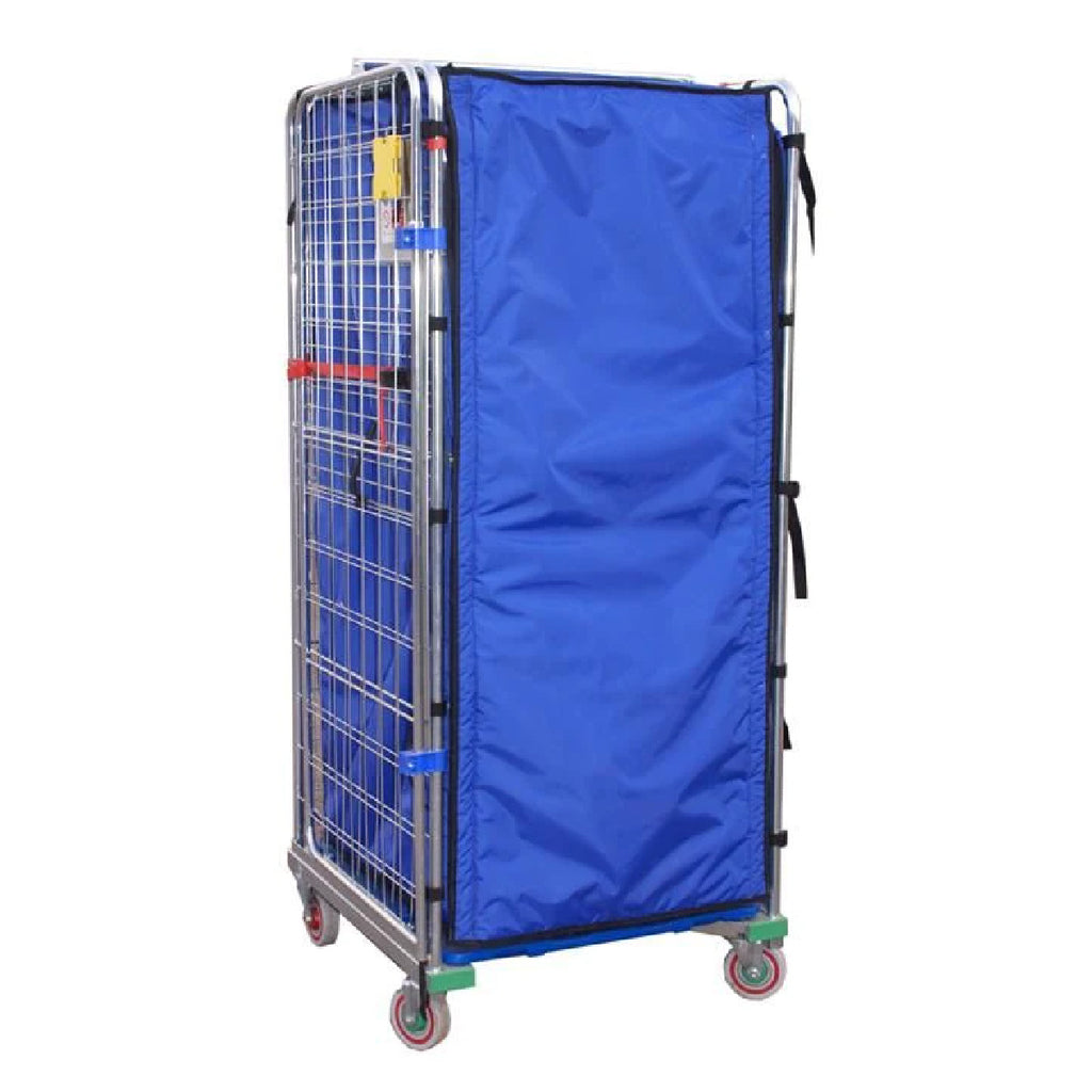 Tempro® Roll Cage Cover snugly fitted over a standard transport cage, showcasing its thick insulation and secure fastenings for optimal temperature control.