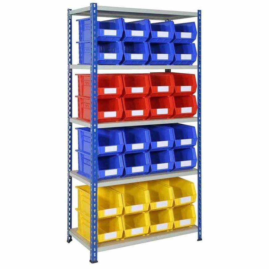 Plastic Bin Shelving unit with multiple durable plastic bins for organised warehouse storage.