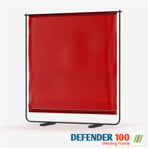 Defender 100 Welding Screen setup in an industrial environment, showcasing its sturdy frame and flame-retardant PVC material for optimal welding safety.