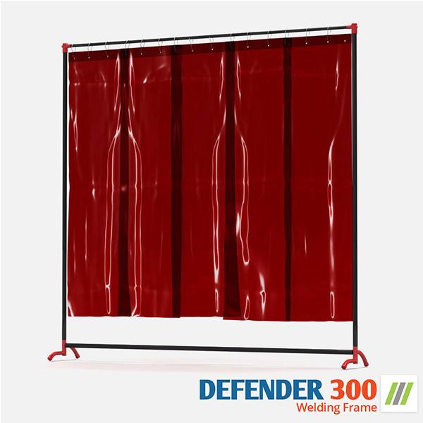 "Defender 300 Welding Screen installed in a workshop, featuring a robust frame and heavy-duty flame-retardant PVC material for optimal protection against welding hazards.