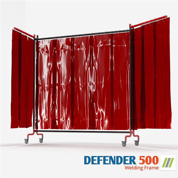 Defender 500 Welding Screen in an industrial setting, providing extensive protection with its robust frame and extra-thick flame-retardant PVC