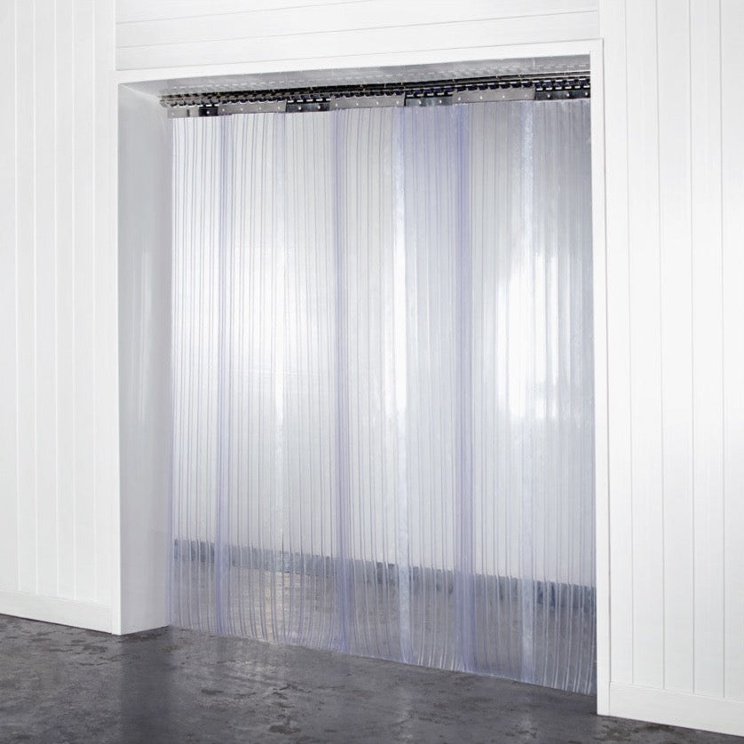 Photograph showcasing the Heavy Duty Standard Double Ribbed PVC Curtains, 400mm wide by 4mm thick, designed for enhanced protection and durability in industrial settings, highlighting the double ribbed texture for extra strength.