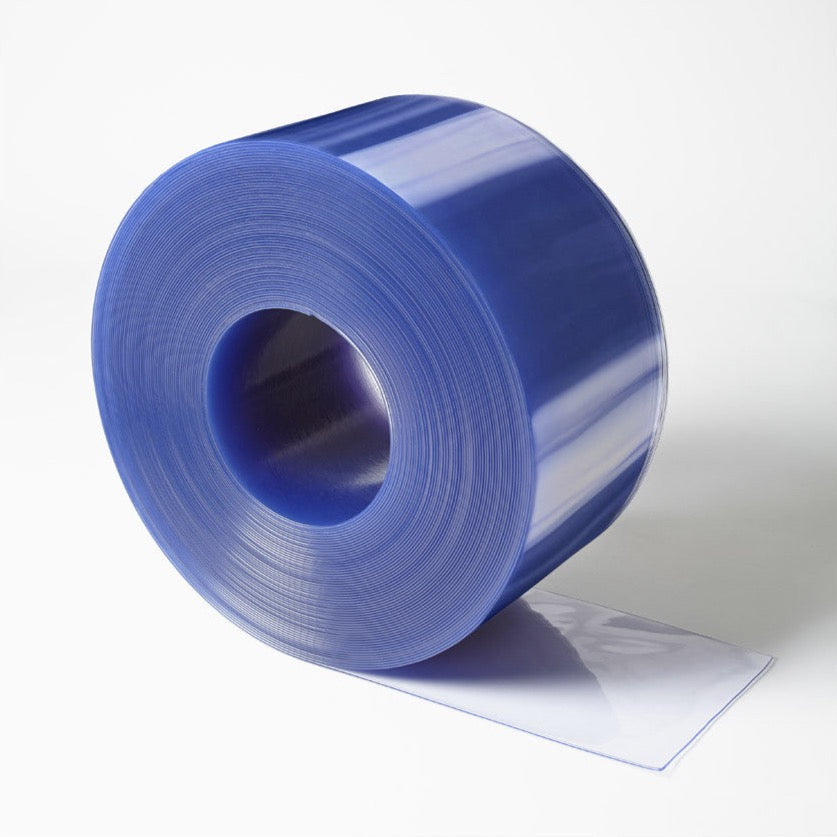 Image showing the Standard Grade PVC Bulk Roll, clear and flexible, 200mm wide, designed for customizing barrier solutions in various environments, showcasing the roll's thickness and clarity.