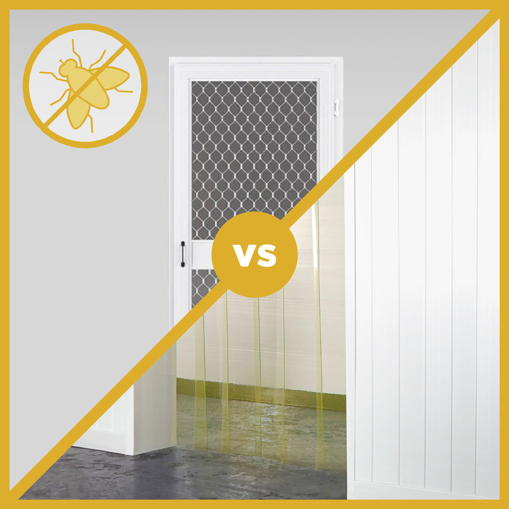 Fly screen door vs. anti-insect PVC strip curtains—effective insect barriers for UK food businesses.