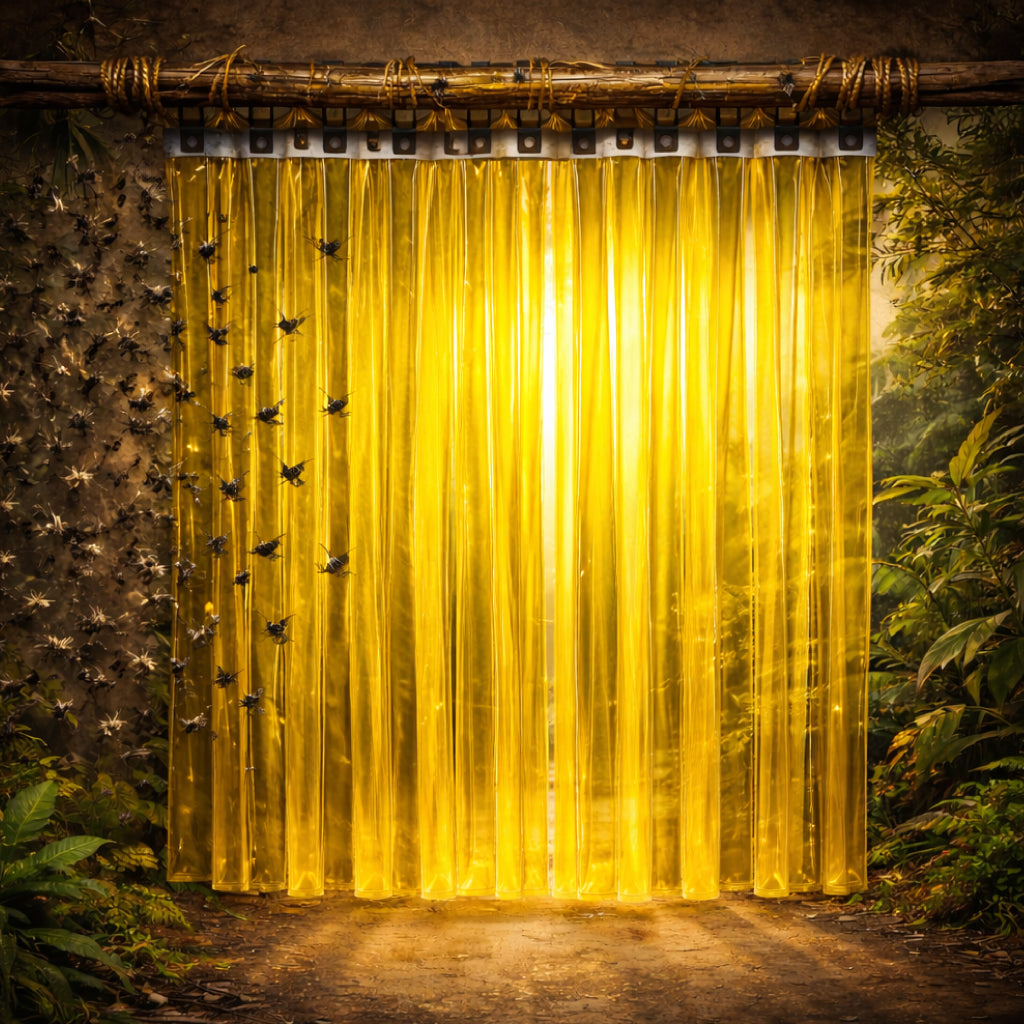 Bright yellow anti-insect PVC strip curtains installed in an industrial doorway, with flies visible on the outside and a clean warehouse entrance protected behind the overlapping plastic strips.