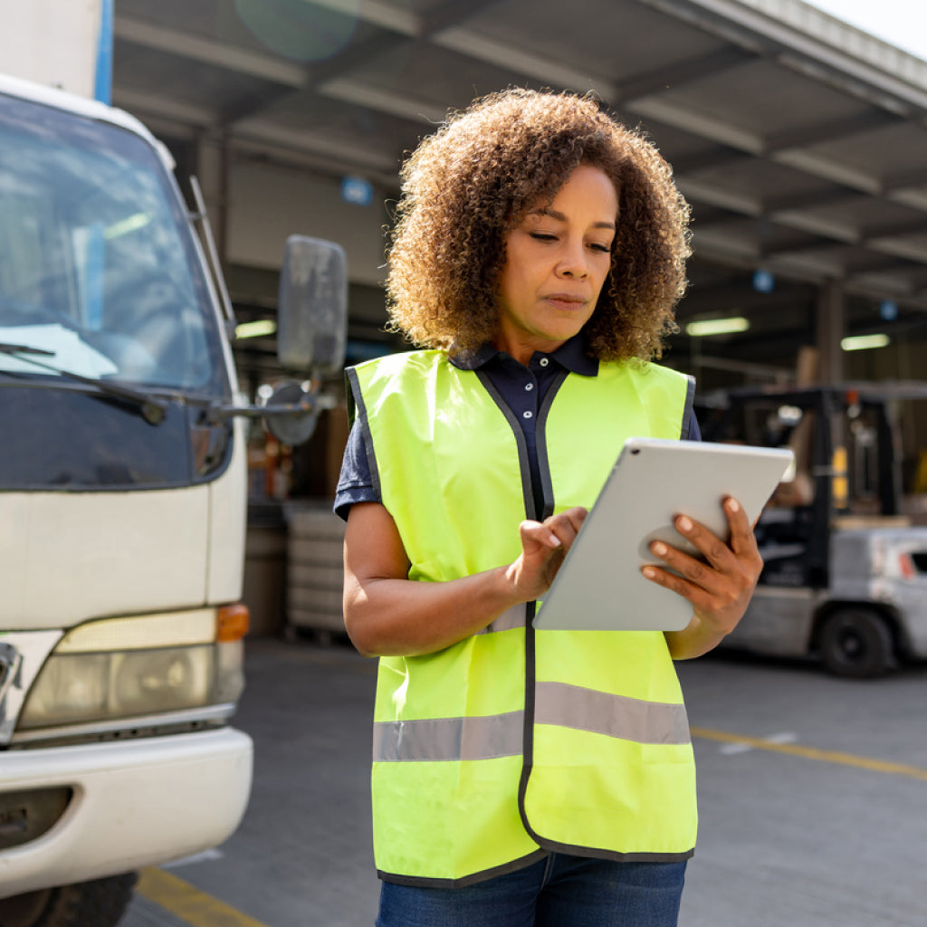 Warehouse supervisor in a high-visibility vest using a tablet to carry out a safety check beside a delivery truck at a busy loading bay.