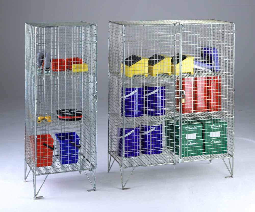 Electroplated zinc wire mesh lockers with various storage boxes inside, mounted on a frame with floor fixing brackets.