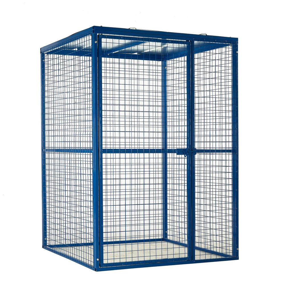 A blue metal knock down cylinder cage with a mesh structure and a galvanised roof.