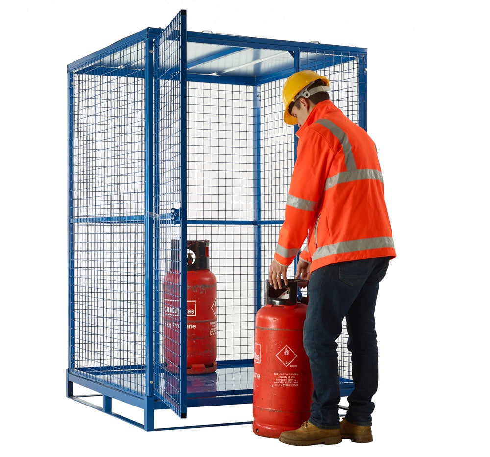 A blue metal knock down cylinder cage with a mesh structure and a galvanised roof.