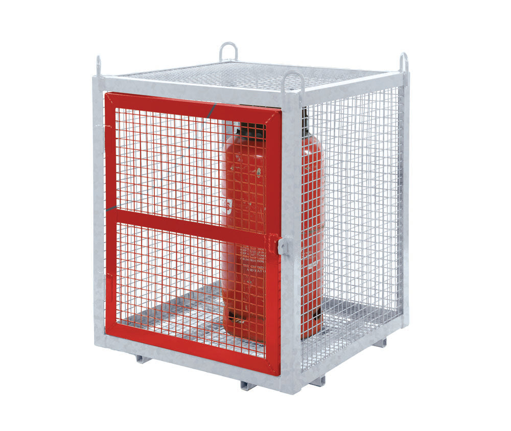 A red and silver steel security cage with a red door, designed to store hazardous materials securely.