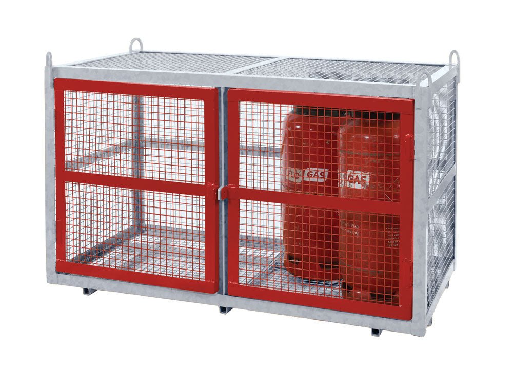 A red and silver steel security cage with a red door, designed to store hazardous materials securely.