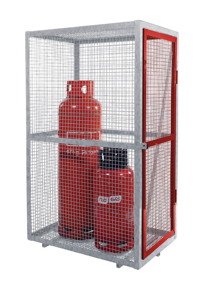 A red and silver steel security cage with a red door, designed to store hazardous materials securely.