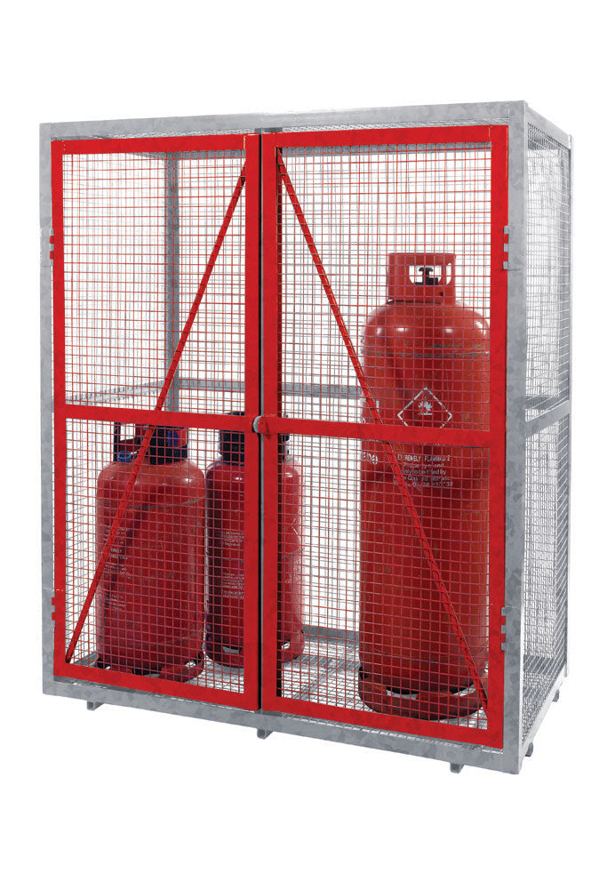 A red and silver steel security cage with a red door, designed to store hazardous materials securely.