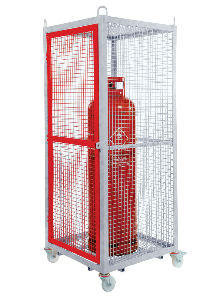 A red and silver steel security cage with a red door, designed to store hazardous materials securely.