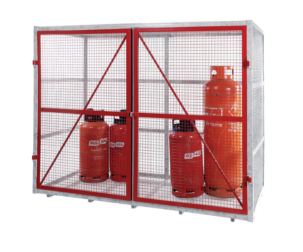 A red and silver steel security cage with a red door, designed to store hazardous materials securely.
