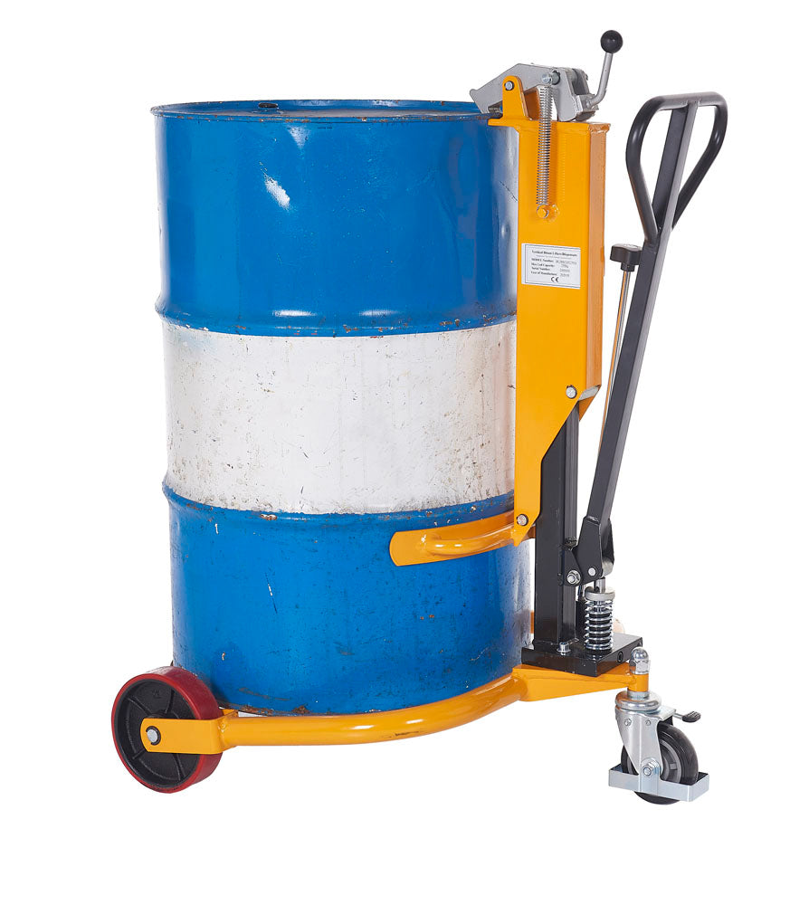 A yellow hydraulic drum lifter with a blue drum attached to it, featuring two polyurethane wheels and a swivel castor.