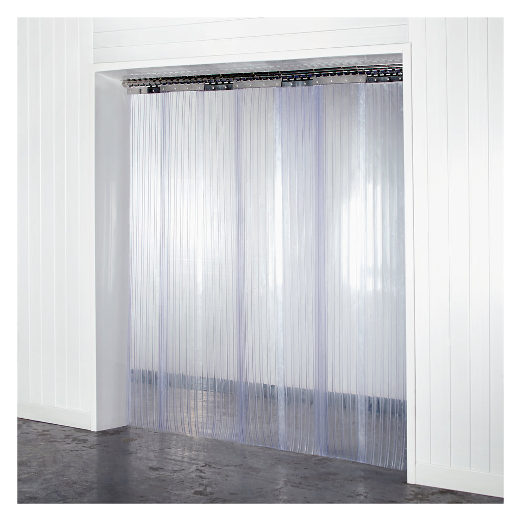 Double Ribbed Standard Grade PVC Strip Curtains, 200mm x 2mm, showcased on the Strip Curtains Direct website. The image displays the clear, durable, and energy-efficient curtains designed for high traffic areas, suitable for controlling temperature and reducing noise.