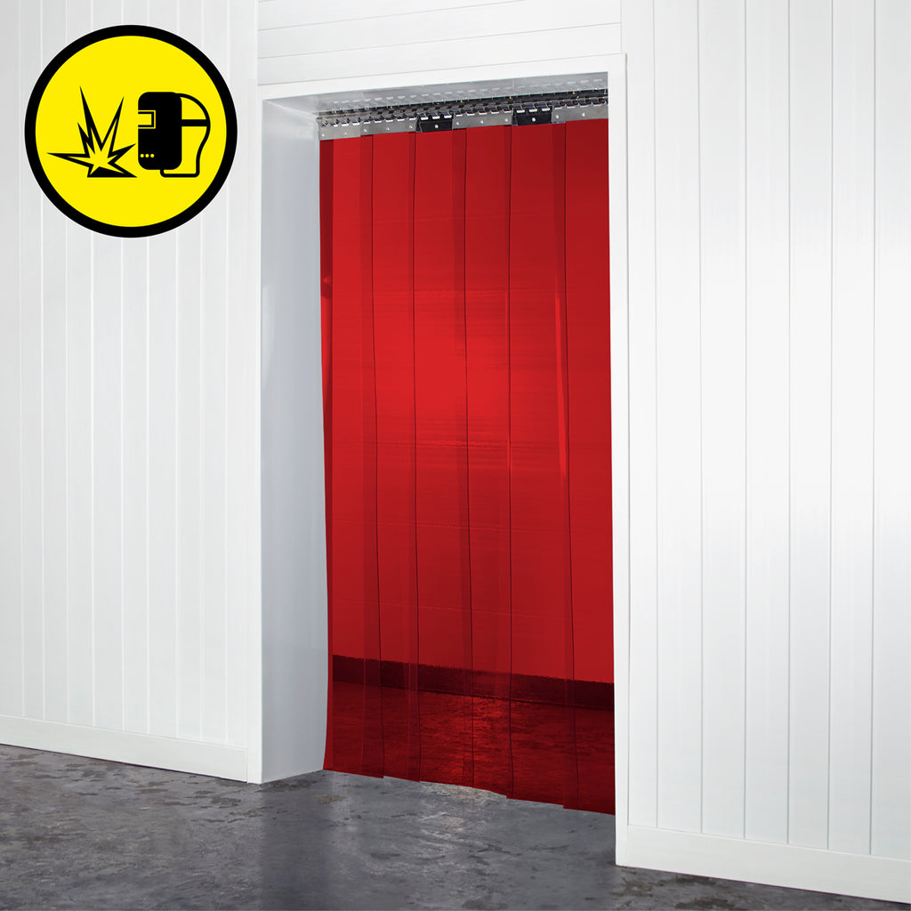 Custom Red Screenflex Welding PVC Curtain in an industrial setting, offering protection against welding sparks and UV light while maintaining visibility.