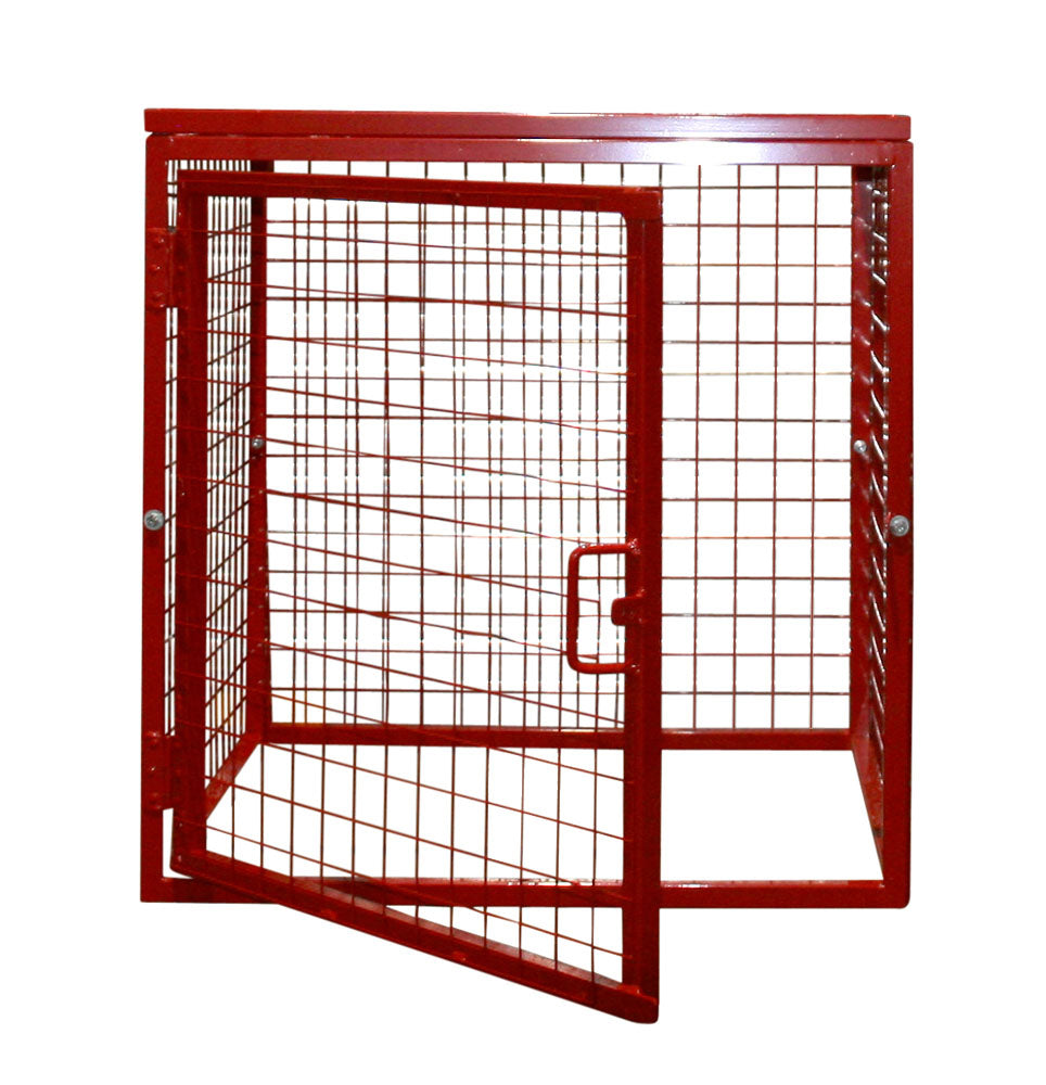 Red knock down metal cage with a grid-like pattern and a single door, designed for secure storage.