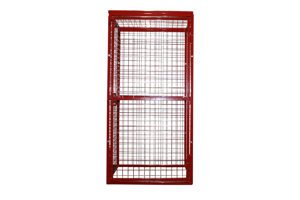 Red knock down metal cage with a grid-like pattern and a single door, designed for secure storage.