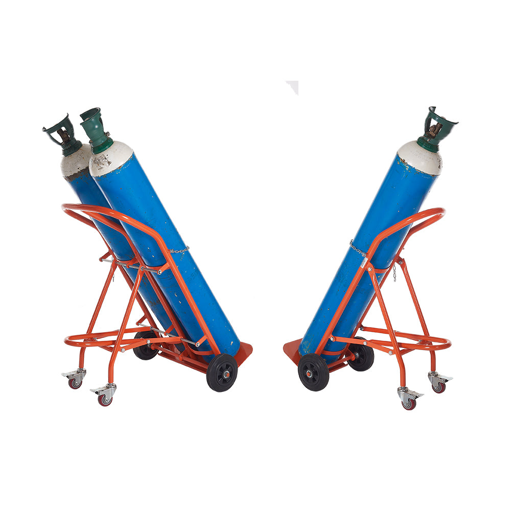Two blue oxygen cylinders on orange cylinder trolleys with two wheels and swivel castors.