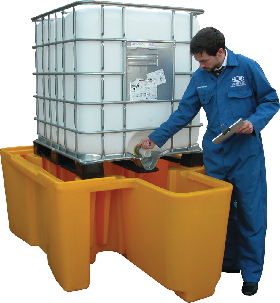 Yellow polyethylene IBC containment pallet with a transparent upper container, designed for drum and cylinder storage.