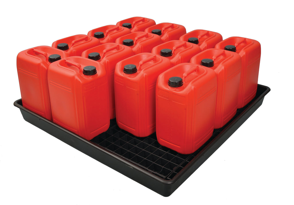A black bunded container tray filled with red containers, designed for industrial storage and handling.