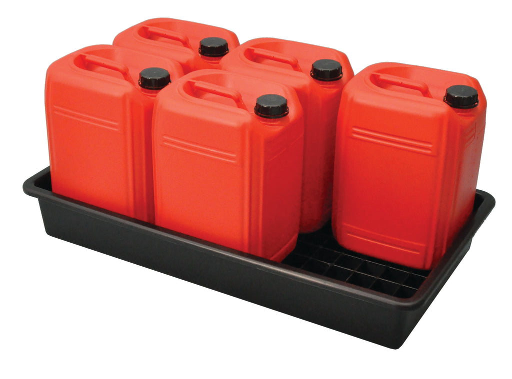 A black bunded container tray filled with red containers, designed for industrial storage and handling.
