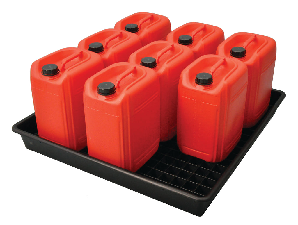A black bunded container tray filled with red containers, designed for industrial storage and handling.