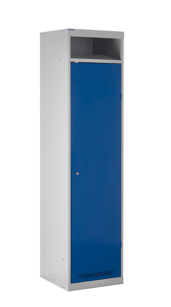 A tall blue and gray garment disposal locker with a letter box opening at the top and a lock at the door.