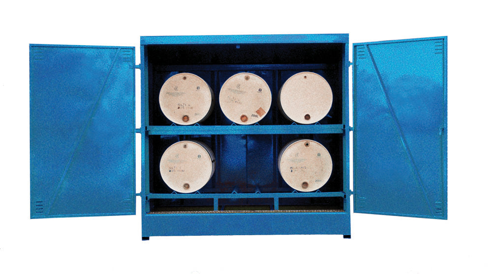 A blue metal drum store with two doors open, displaying multiple white drums inside.