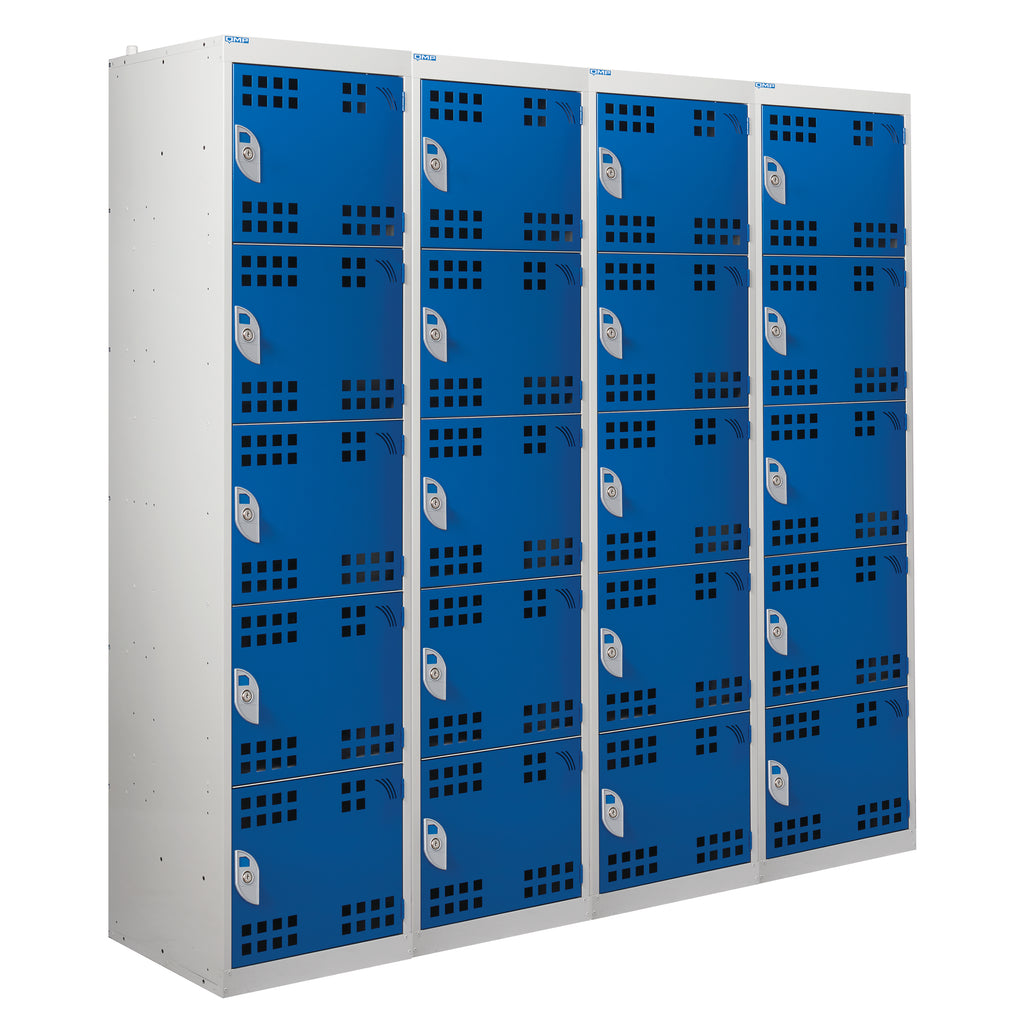 A set of blue perforated door charging lockers with a RCD plug, featuring galvanized security shelf and standard cam locks.