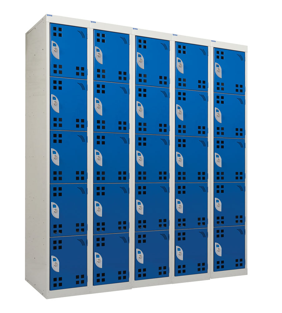 A set of blue perforated door charging lockers with a standard plug