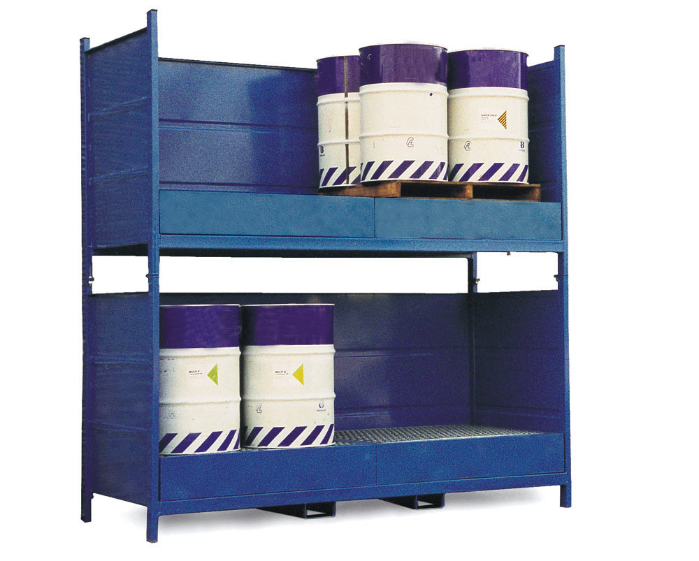 A blue powder coated industrial drum storage unit with multiple tiers, containing several purple and white industrial drums.