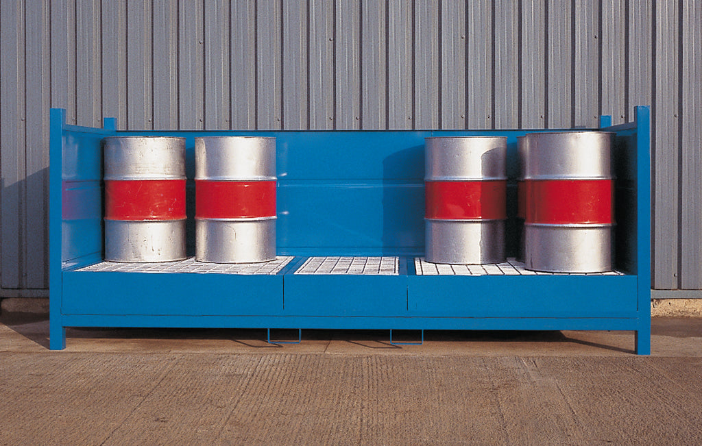 A blue powder coated industrial drum storage unit with multiple tiers, containing several purple and white industrial drums.