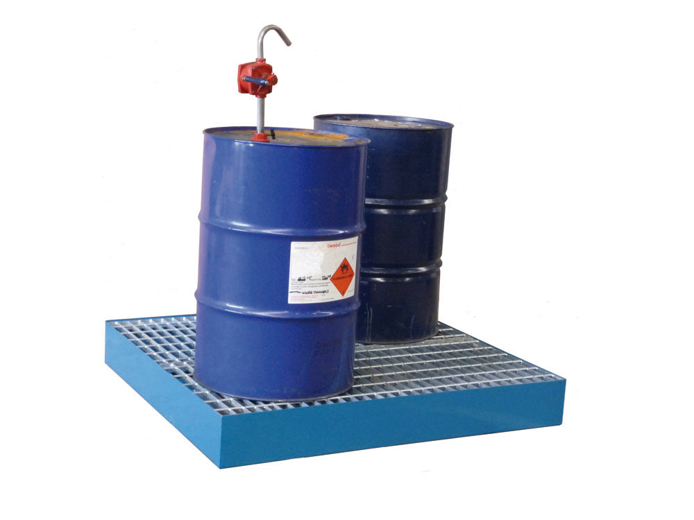 A blue steel floor sump pallet with a removable galvanised grid, holding two blue drums with a forklift lift guide attached.