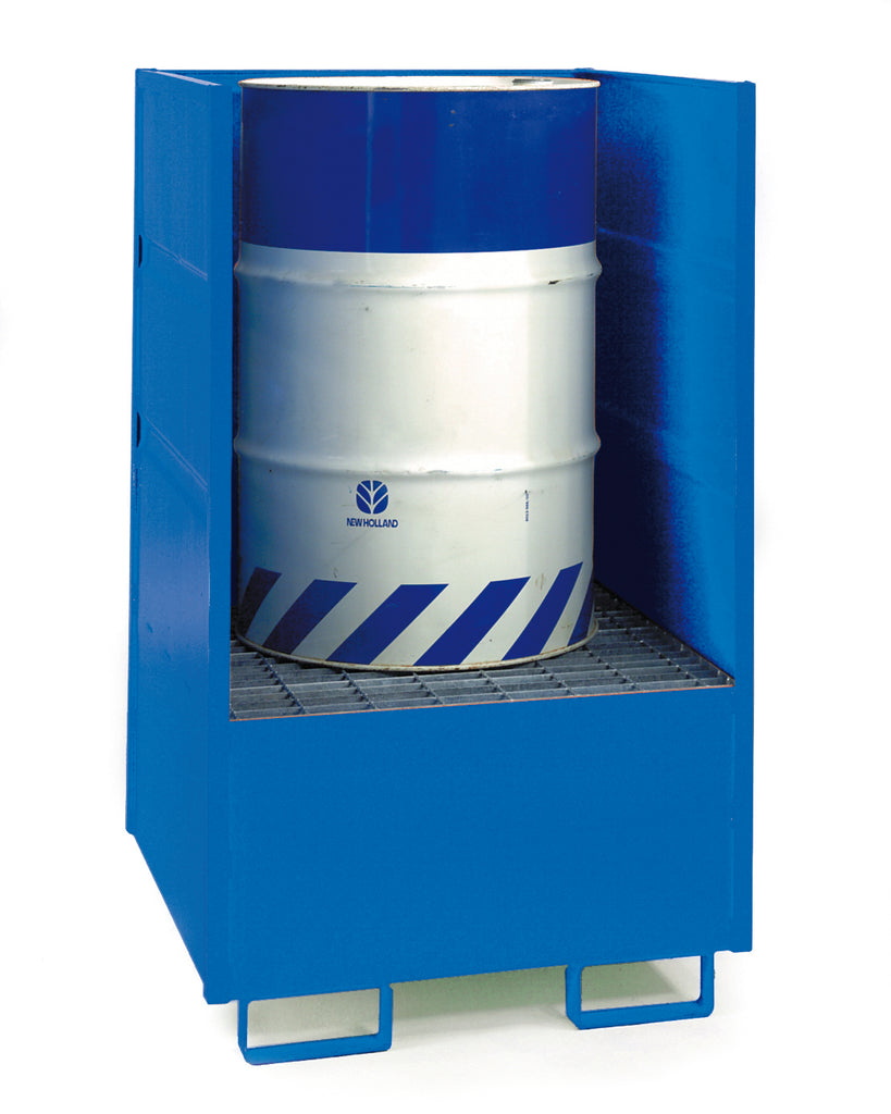 A blue vertical drum store made of corrugated steel, enclosed on three sides, containing a white drum with blue stripes on it.