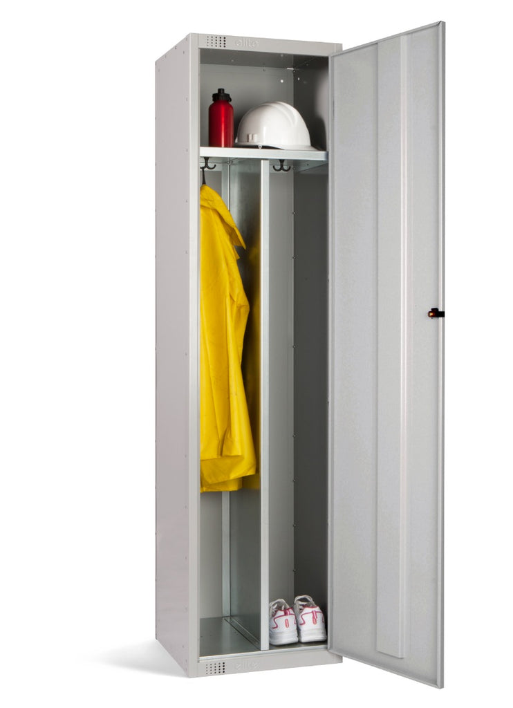 A gray metal locker with a single door open, revealing hanging compartments with a yellow jacket and a white helmet inside.