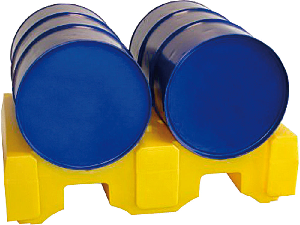 Two blue drums stacked on a yellow bunded drum rack system.