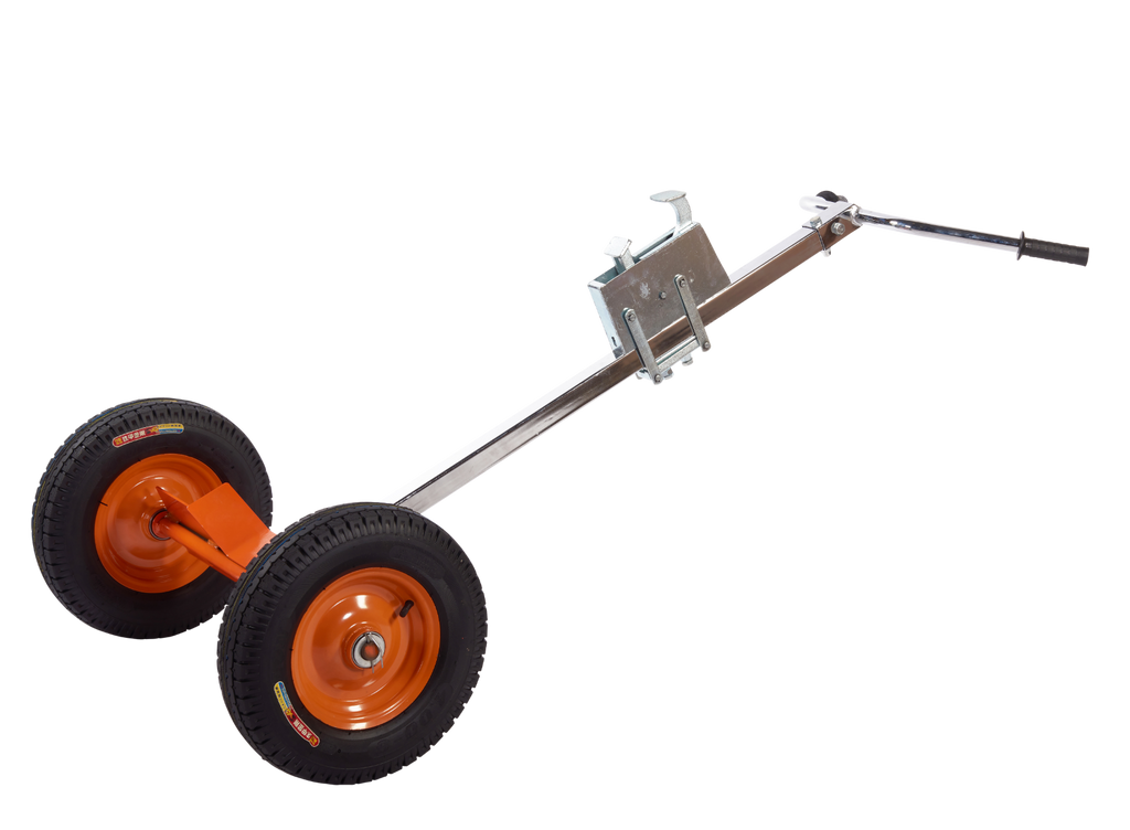 Drum handler with two wheels and a handle on a white background